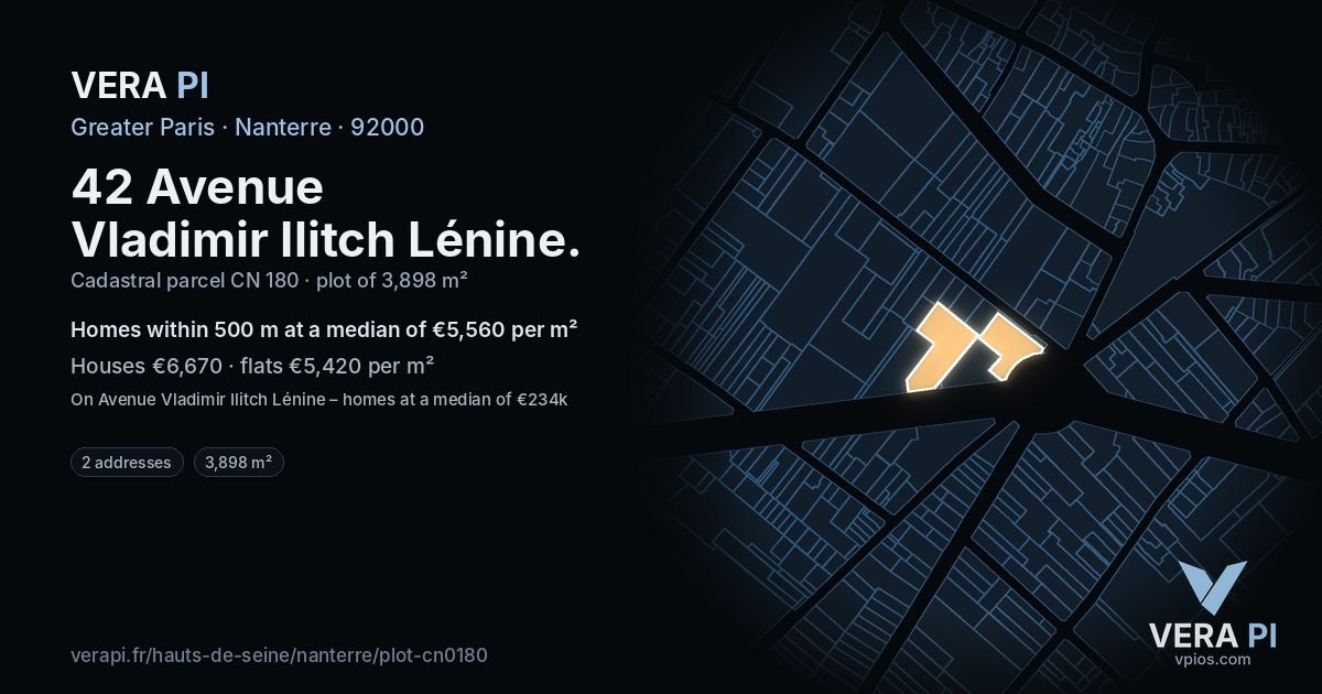 42 Avenue Vladimir Ilitch Lénine, Nanterre at night – the plot lit, the parcels around coloured by the prices near them