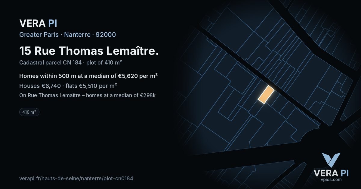 15 Rue Thomas Lemaître, Nanterre at night – the plot lit, the parcels around coloured by the prices near them