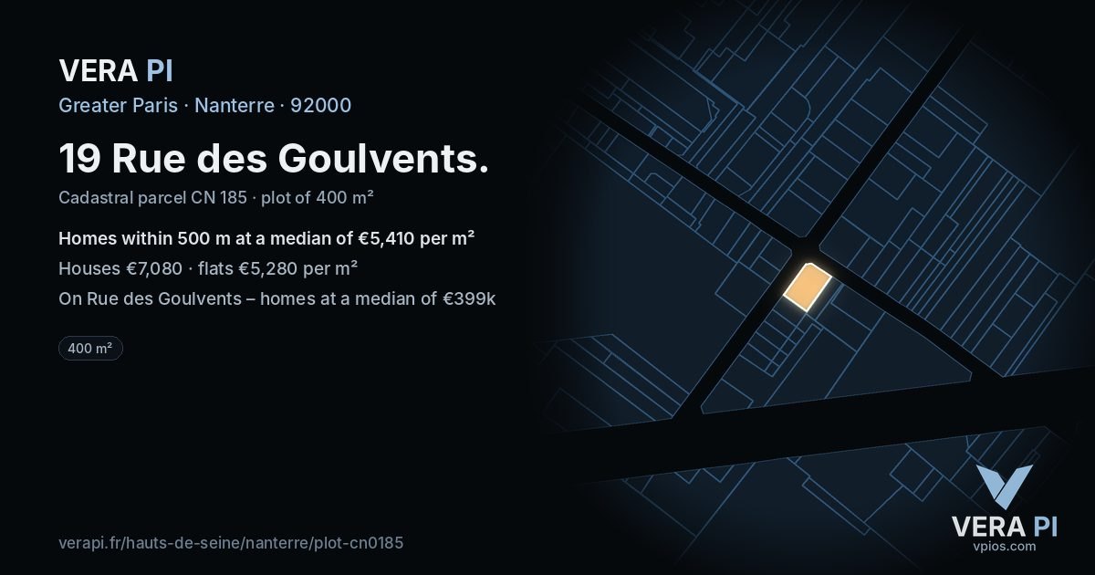 19 Rue des Goulvents, Nanterre at night – the plot lit, the parcels around coloured by the prices near them