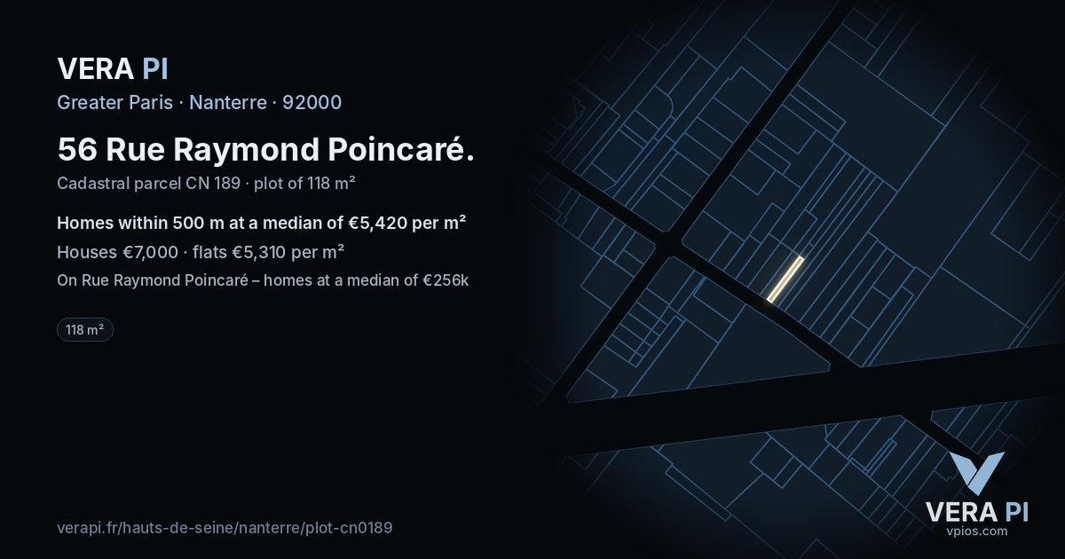 56 Rue Raymond Poincaré, Nanterre at night – the plot lit, the parcels around coloured by the prices near them