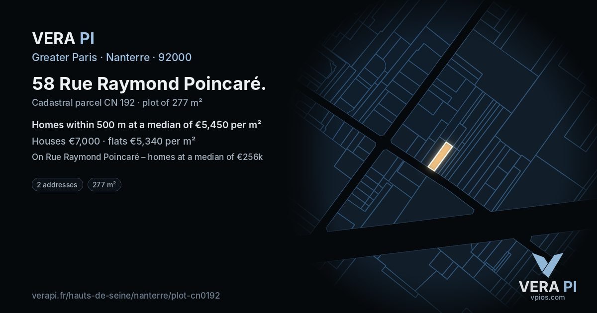 58 Rue Raymond Poincaré, Nanterre at night – the plot lit, the parcels around coloured by the prices near them