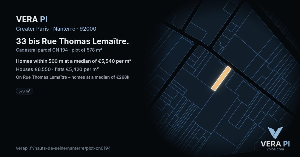 33 bis Rue Thomas Lemaître, Nanterre at night – the plot lit, the parcels around coloured by the prices near them