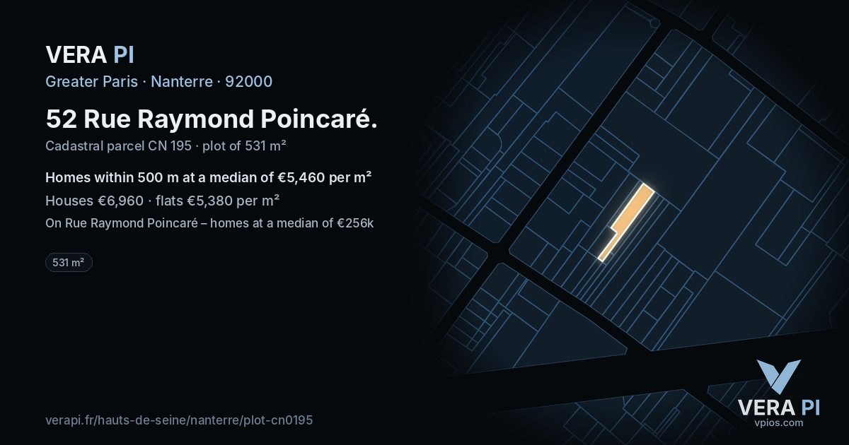 52 Rue Raymond Poincaré, Nanterre at night – the plot lit, the parcels around coloured by the prices near them