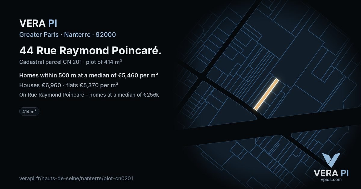 44 Rue Raymond Poincaré, Nanterre at night – the plot lit, the parcels around coloured by the prices near them