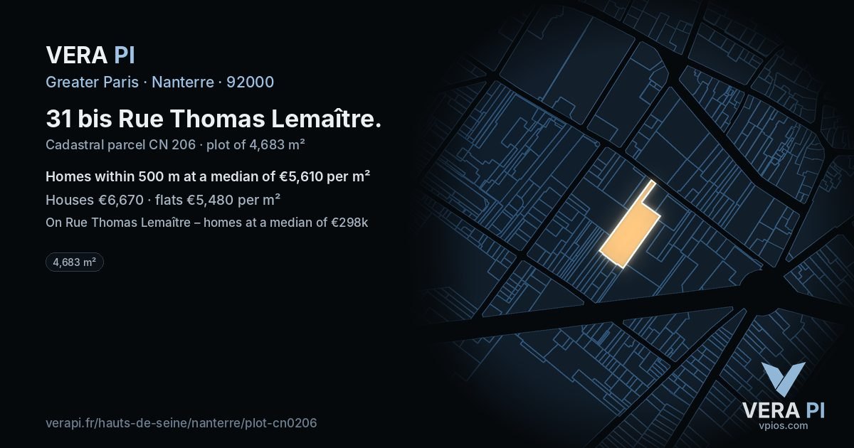 31 bis Rue Thomas Lemaître, Nanterre at night – the plot lit, the parcels around coloured by the prices near them