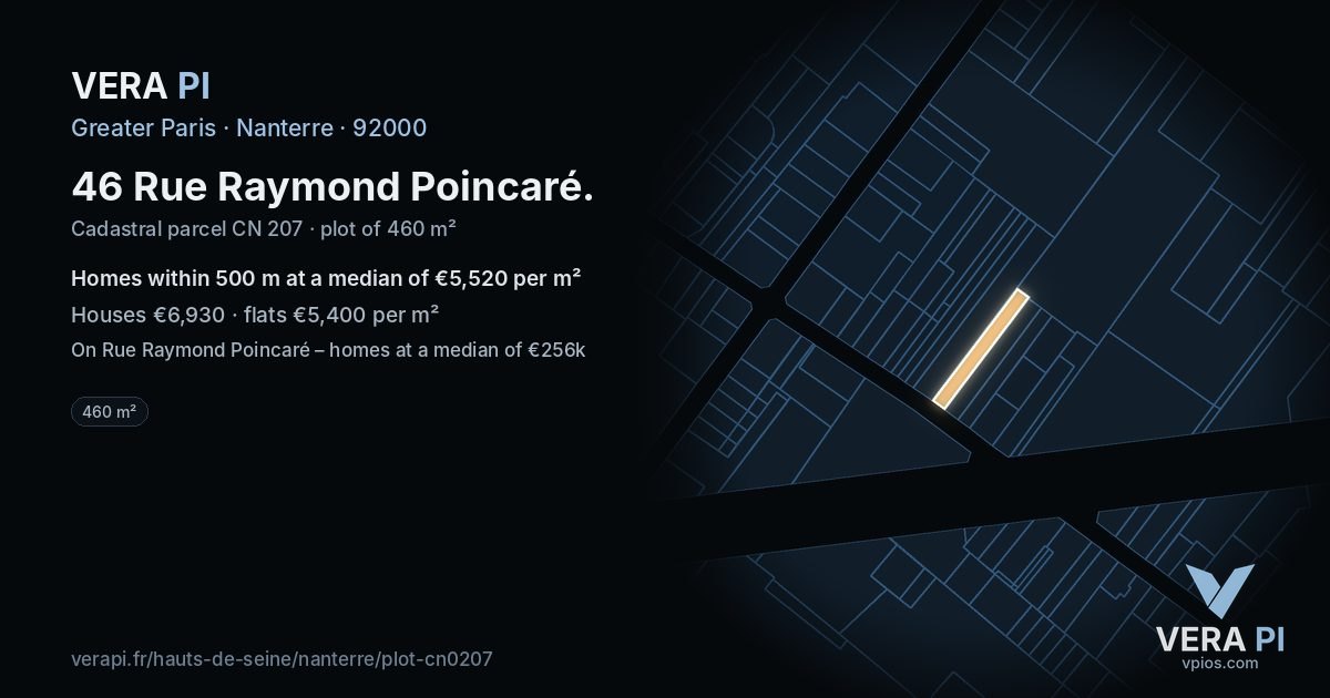 46 Rue Raymond Poincaré, Nanterre at night – the plot lit, the parcels around coloured by the prices near them