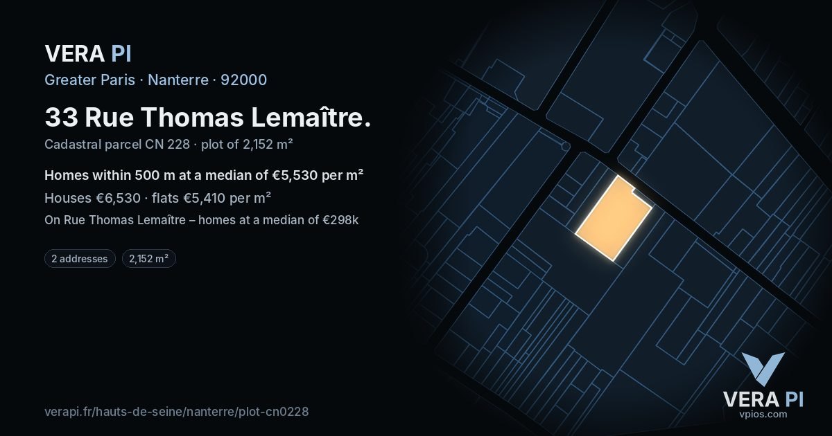 33 Rue Thomas Lemaître, Nanterre at night – the plot lit, the parcels around coloured by the prices near them