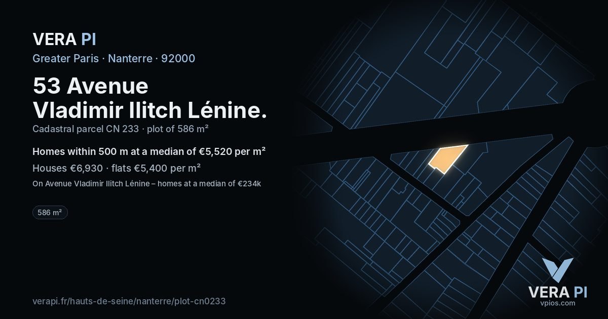 53 Avenue Vladimir Ilitch Lénine, Nanterre at night – the plot lit, the parcels around coloured by the prices near them