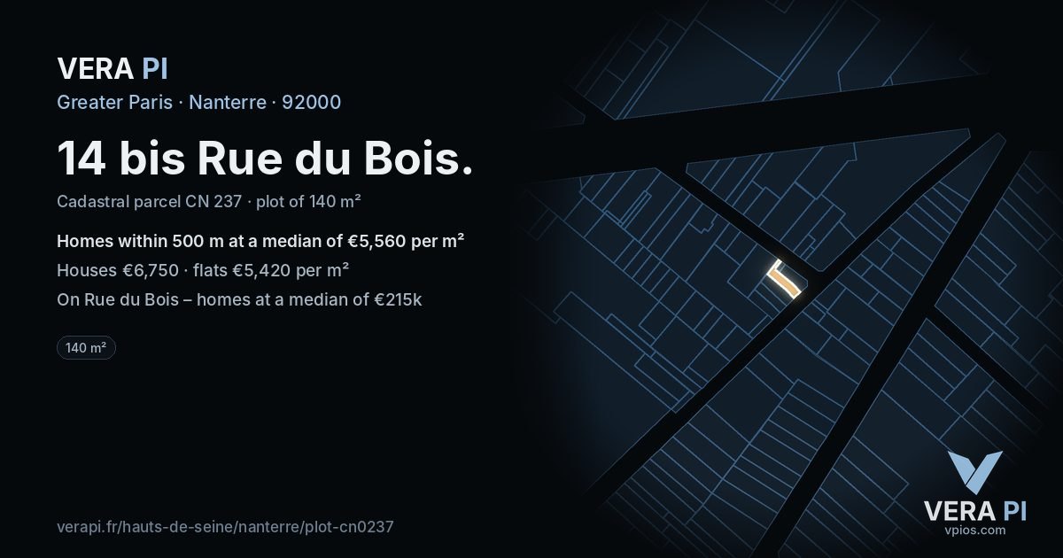 14 bis Rue du Bois, Nanterre at night – the plot lit, the parcels around coloured by the prices near them