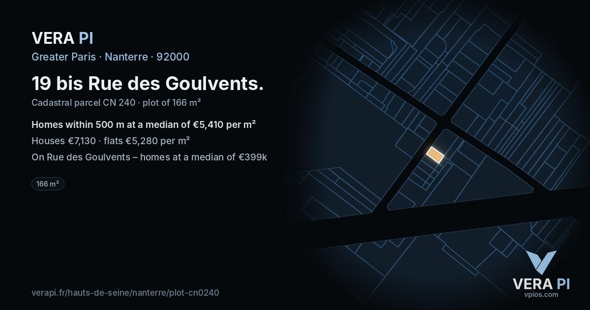 19 bis Rue des Goulvents, Nanterre at night – the plot lit, the parcels around coloured by the prices near them