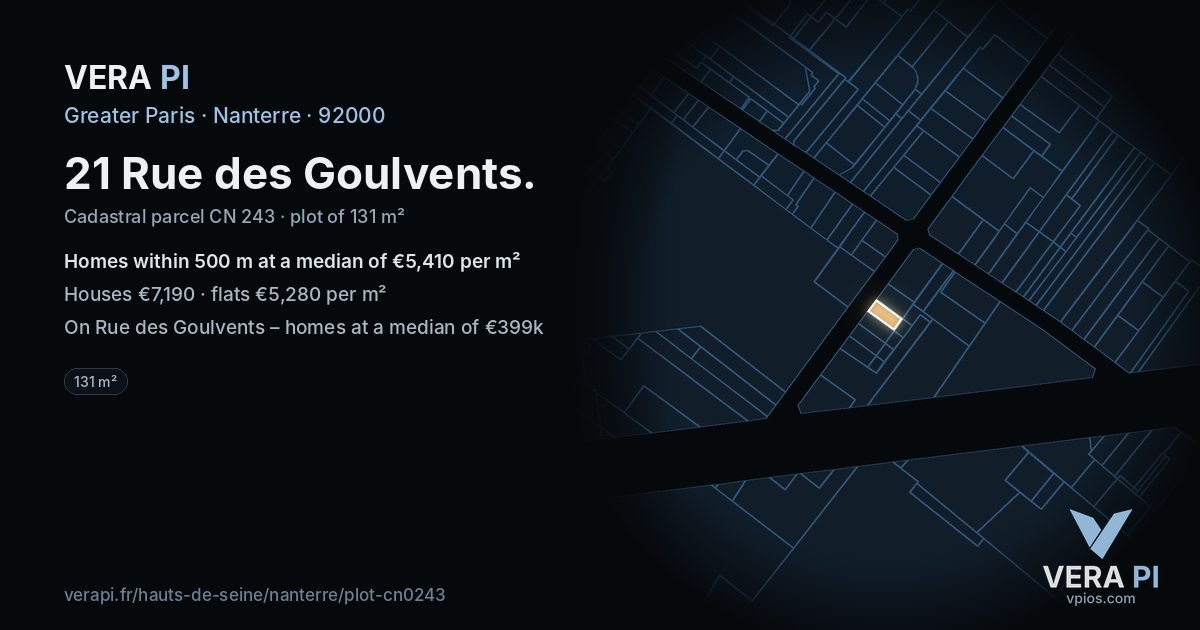 21 Rue des Goulvents, Nanterre at night – the plot lit, the parcels around coloured by the prices near them
