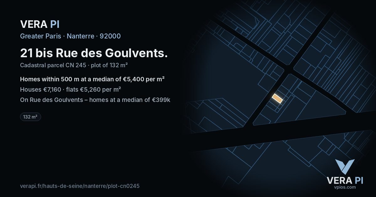 21 bis Rue des Goulvents, Nanterre at night – the plot lit, the parcels around coloured by the prices near them