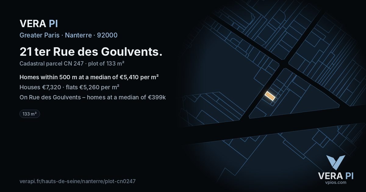 21 ter Rue des Goulvents, Nanterre at night – the plot lit, the parcels around coloured by the prices near them