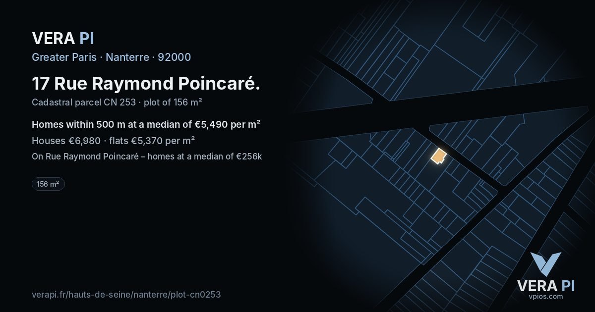 17 Rue Raymond Poincaré, Nanterre at night – the plot lit, the parcels around coloured by the prices near them