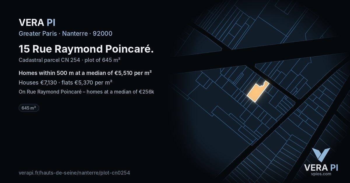 15 Rue Raymond Poincaré, Nanterre at night – the plot lit, the parcels around coloured by the prices near them
