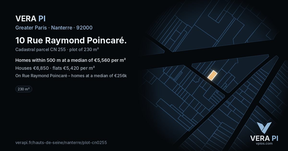 10 Rue Raymond Poincaré, Nanterre at night – the plot lit, the parcels around coloured by the prices near them