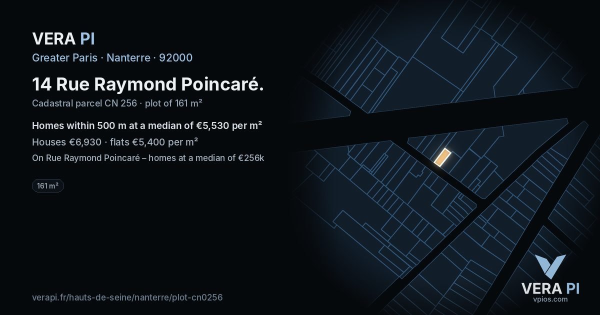 14 Rue Raymond Poincaré, Nanterre at night – the plot lit, the parcels around coloured by the prices near them