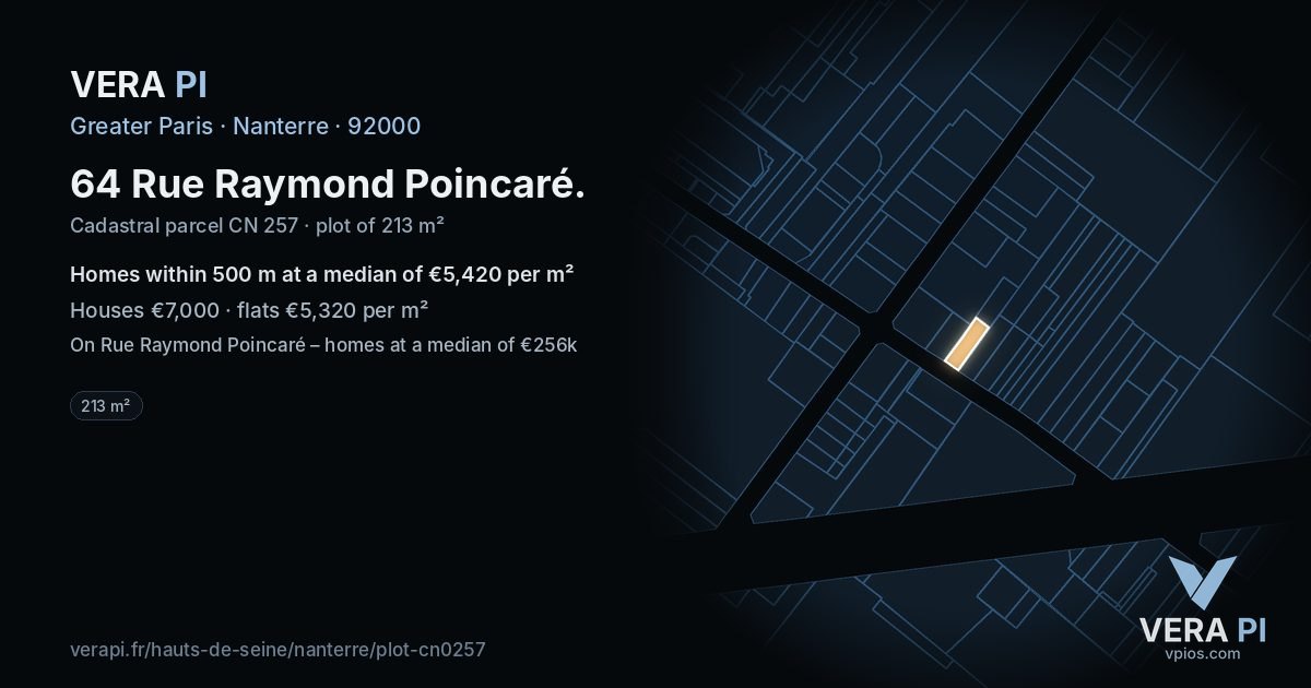 64 Rue Raymond Poincaré, Nanterre at night – the plot lit, the parcels around coloured by the prices near them