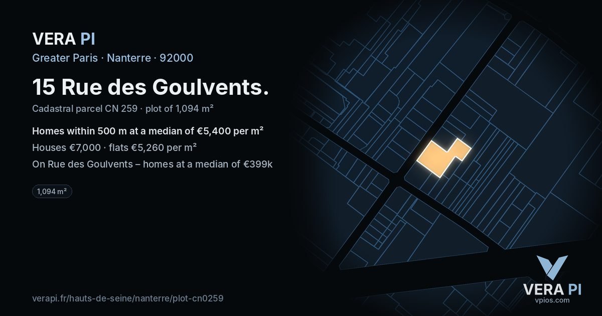 15 Rue des Goulvents, Nanterre at night – the plot lit, the parcels around coloured by the prices near them