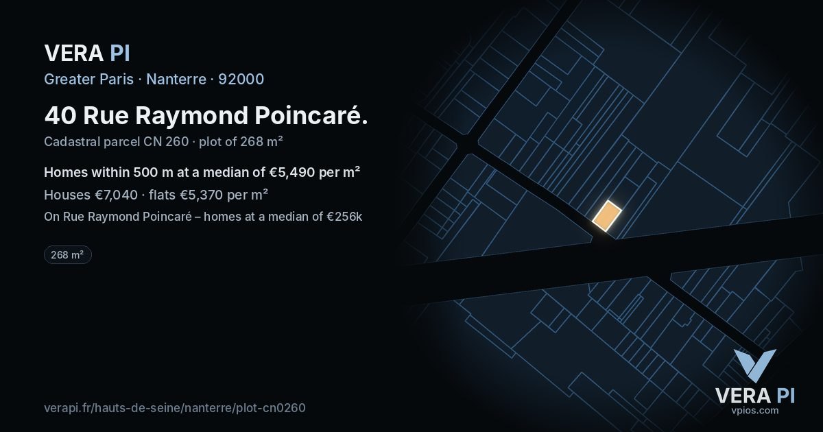 40 Rue Raymond Poincaré, Nanterre at night – the plot lit, the parcels around coloured by the prices near them