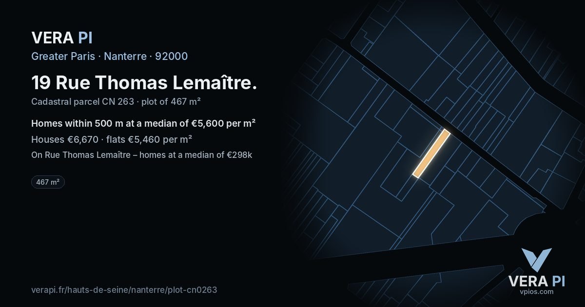 19 Rue Thomas Lemaître, Nanterre at night – the plot lit, the parcels around coloured by the prices near them