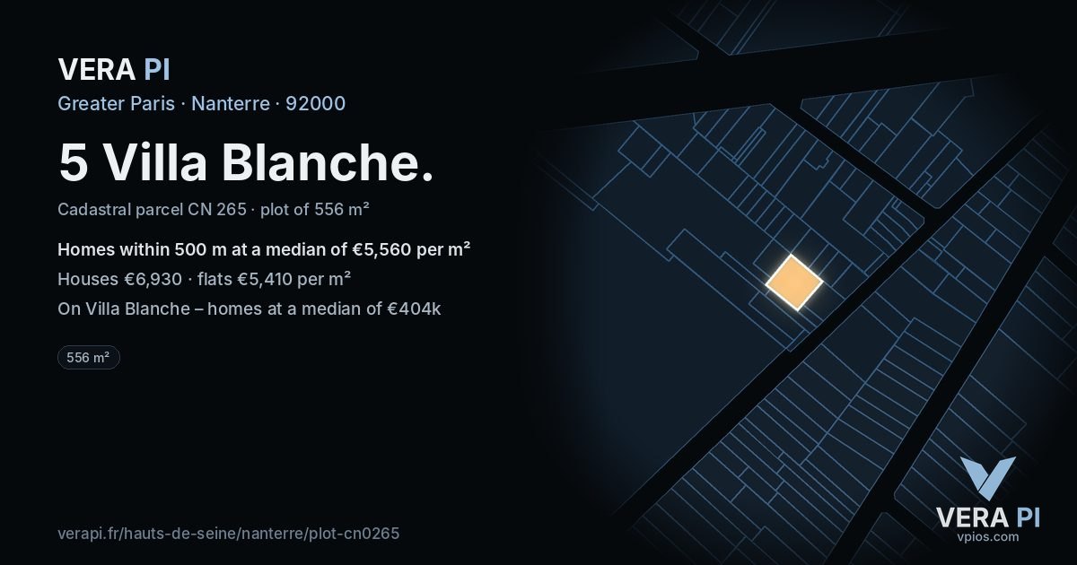5 Villa Blanche, Nanterre at night – the plot lit, the parcels around coloured by the prices near them