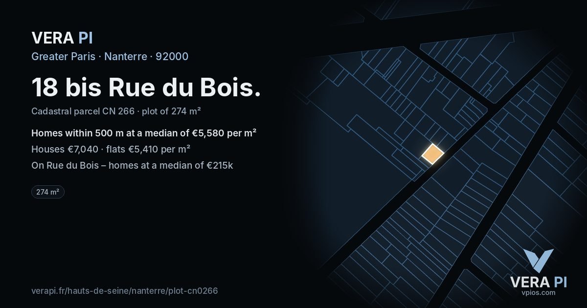 18 bis Rue du Bois, Nanterre at night – the plot lit, the parcels around coloured by the prices near them