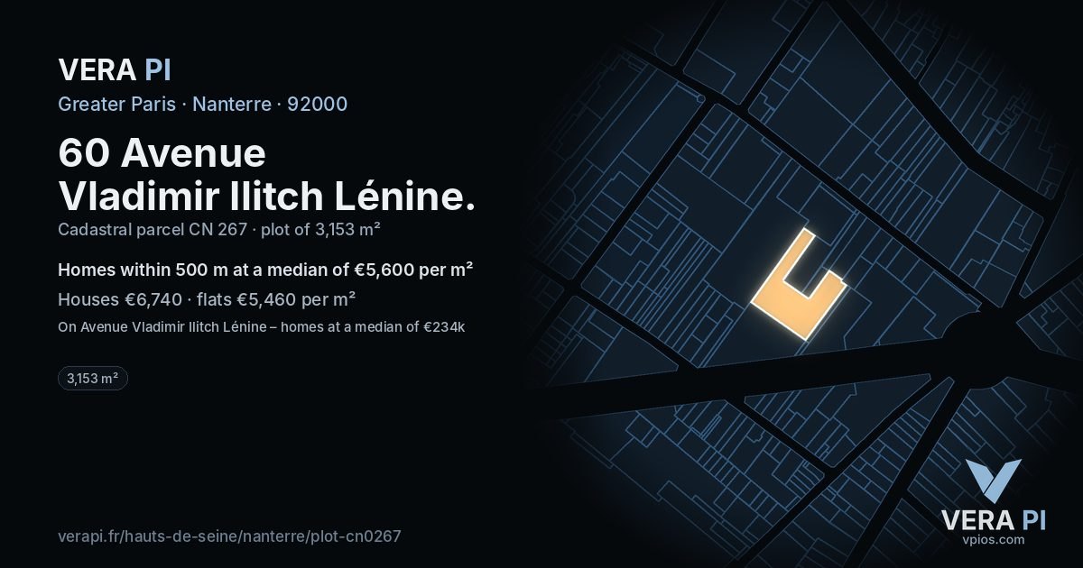 60 Avenue Vladimir Ilitch Lénine, Nanterre at night – the plot lit, the parcels around coloured by the prices near them