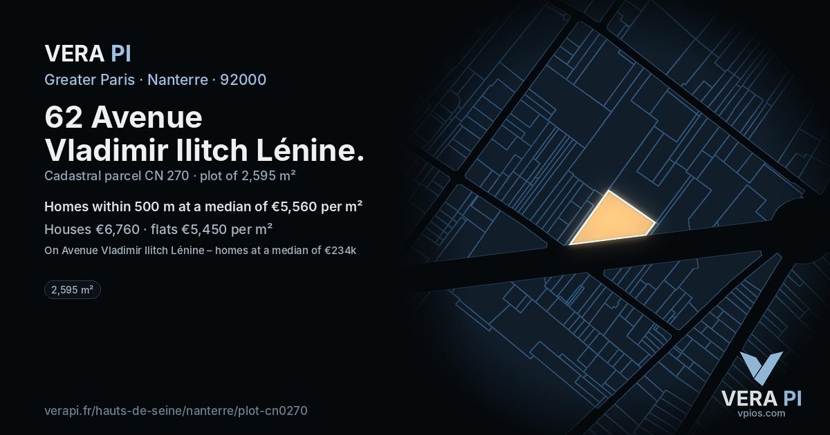 62 Avenue Vladimir Ilitch Lénine, Nanterre at night – the plot lit, the parcels around coloured by the prices near them
