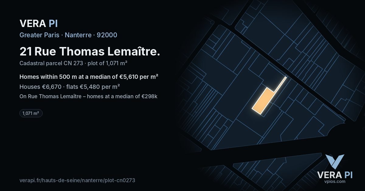 21 Rue Thomas Lemaître, Nanterre at night – the plot lit, the parcels around coloured by the prices near them