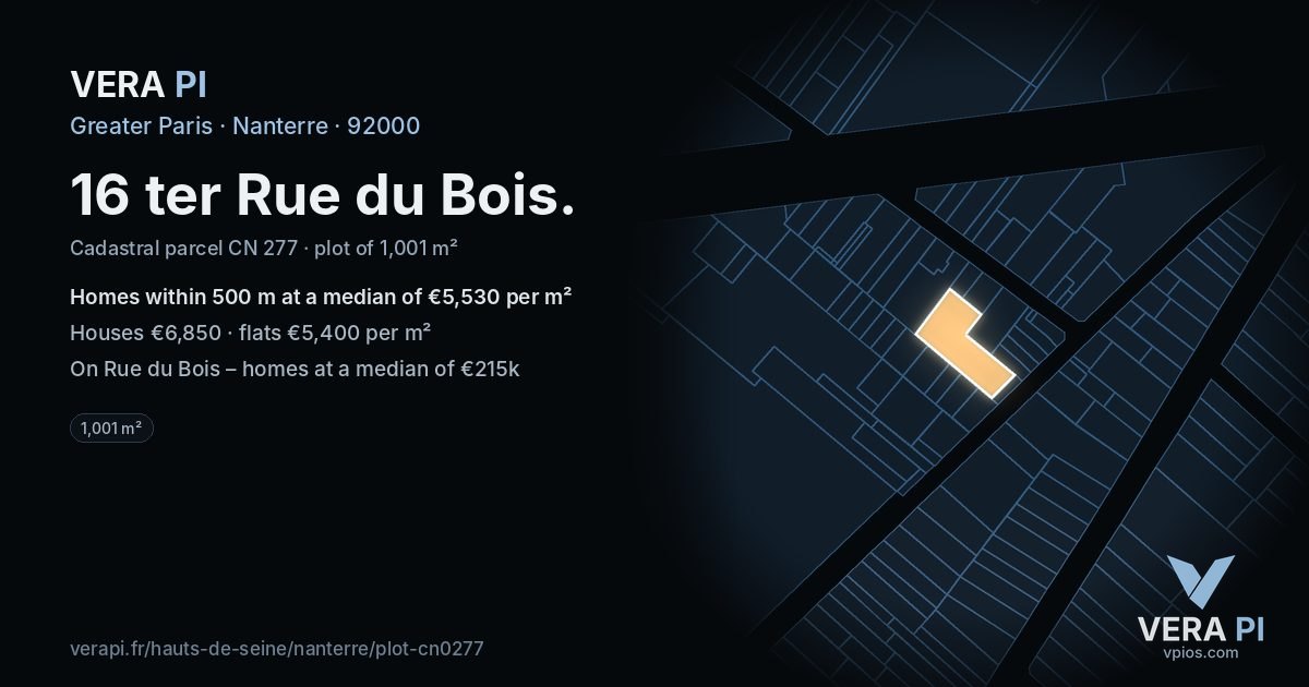 16 ter Rue du Bois, Nanterre at night – the plot lit, the parcels around coloured by the prices near them