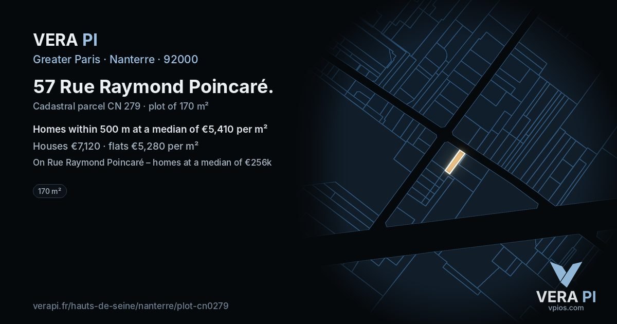 57 Rue Raymond Poincaré, Nanterre at night – the plot lit, the parcels around coloured by the prices near them