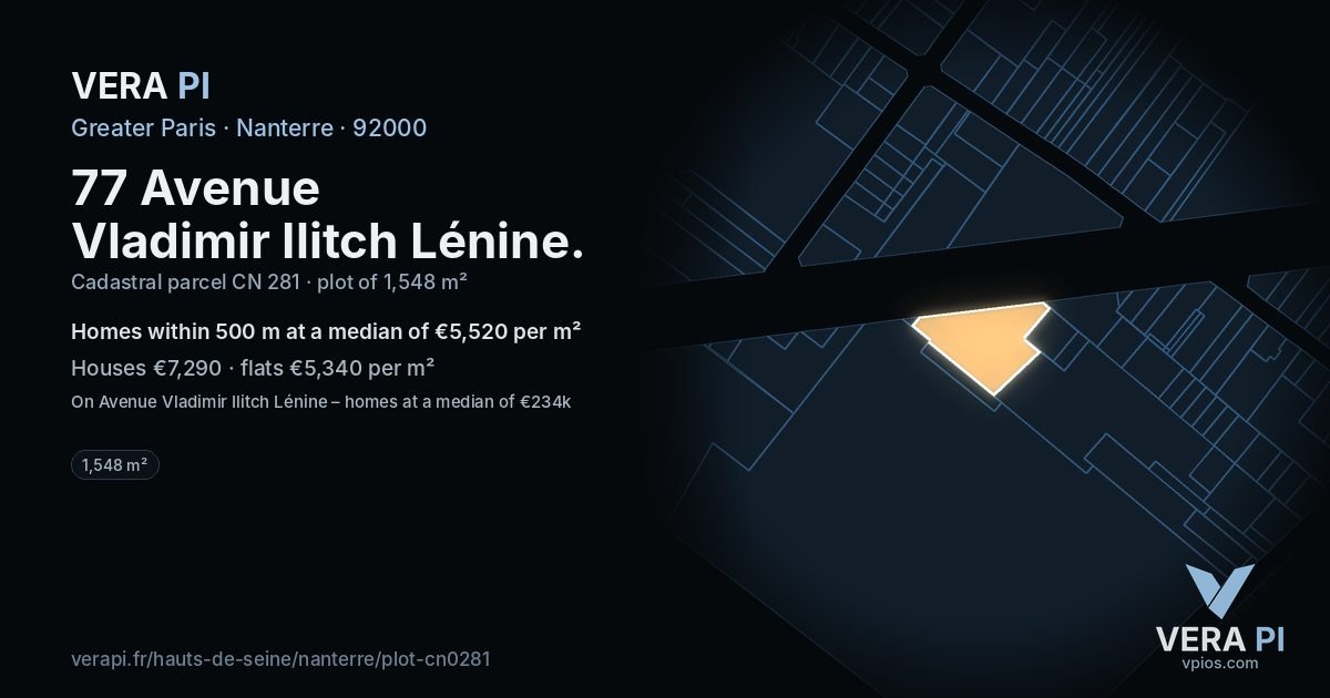 77 Avenue Vladimir Ilitch Lénine, Nanterre at night – the plot lit, the parcels around coloured by the prices near them