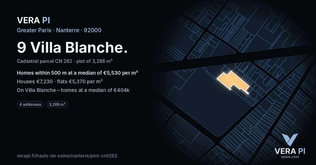 9 Villa Blanche, Nanterre at night – the plot lit, the parcels around coloured by the prices near them