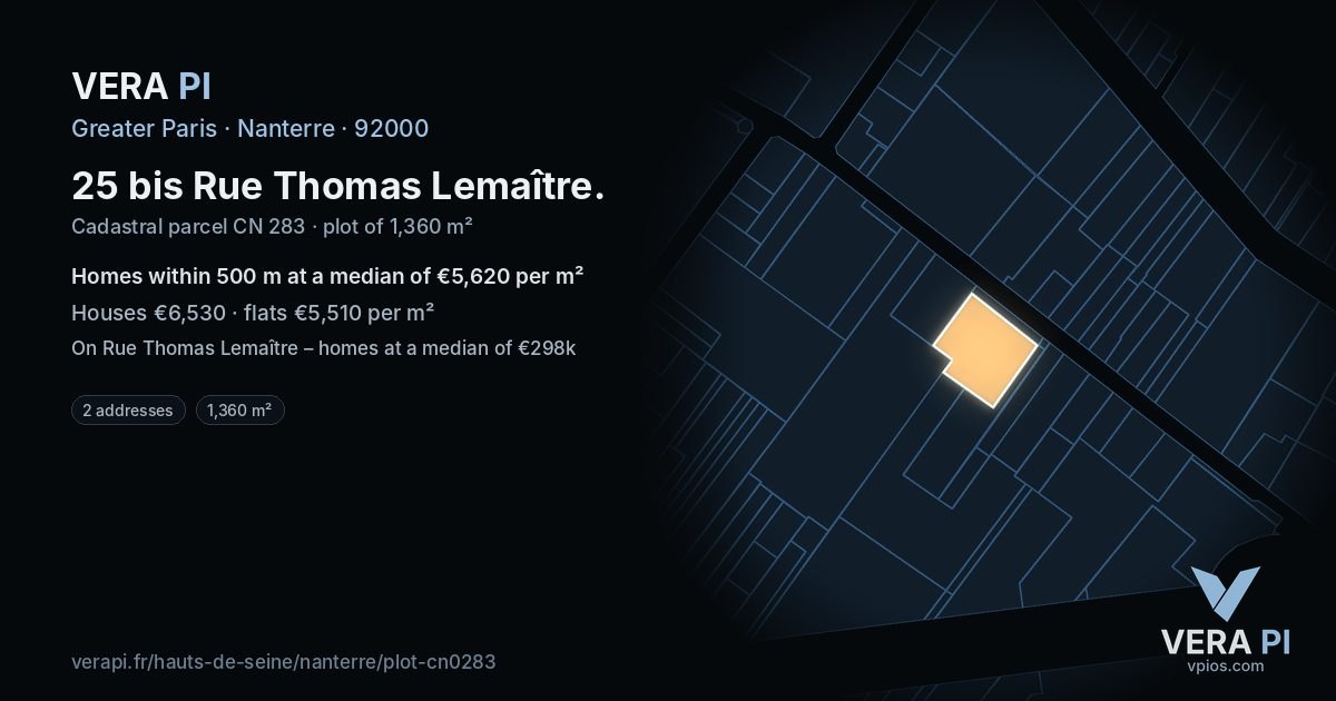 25 bis Rue Thomas Lemaître, Nanterre at night – the plot lit, the parcels around coloured by the prices near them