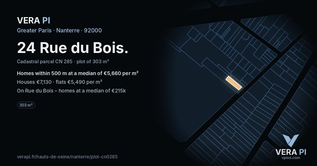 24 Rue du Bois, Nanterre at night – the plot lit, the parcels around coloured by the prices near them