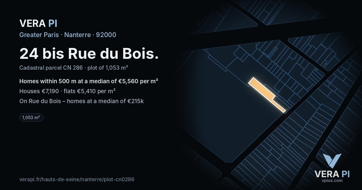 24 bis Rue du Bois, Nanterre at night – the plot lit, the parcels around coloured by the prices near them
