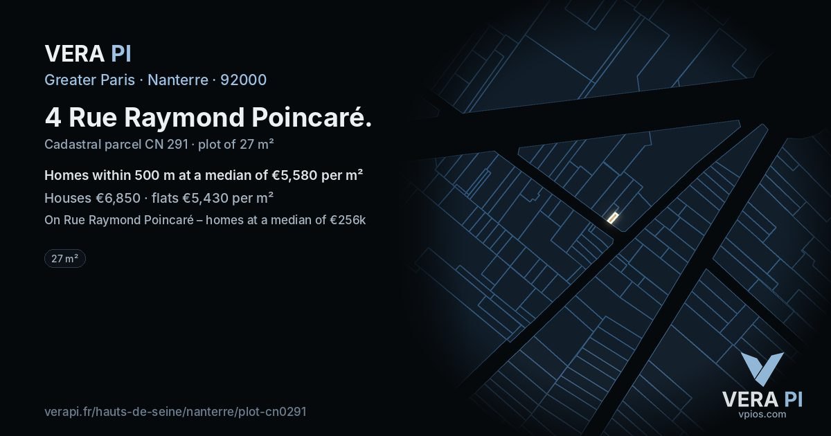 4 Rue Raymond Poincaré, Nanterre at night – the plot lit, the parcels around coloured by the prices near them