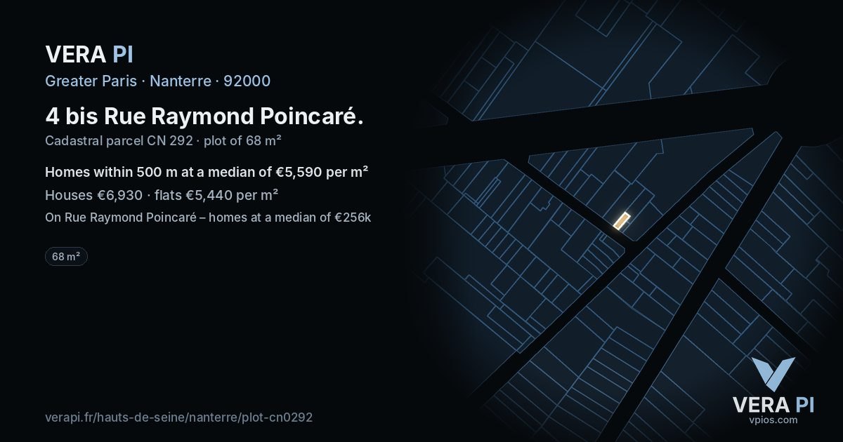 4 bis Rue Raymond Poincaré, Nanterre at night – the plot lit, the parcels around coloured by the prices near them