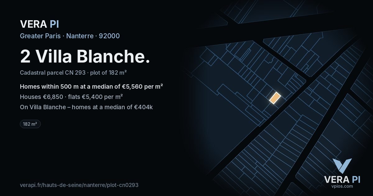 2 Villa Blanche, Nanterre at night – the plot lit, the parcels around coloured by the prices near them