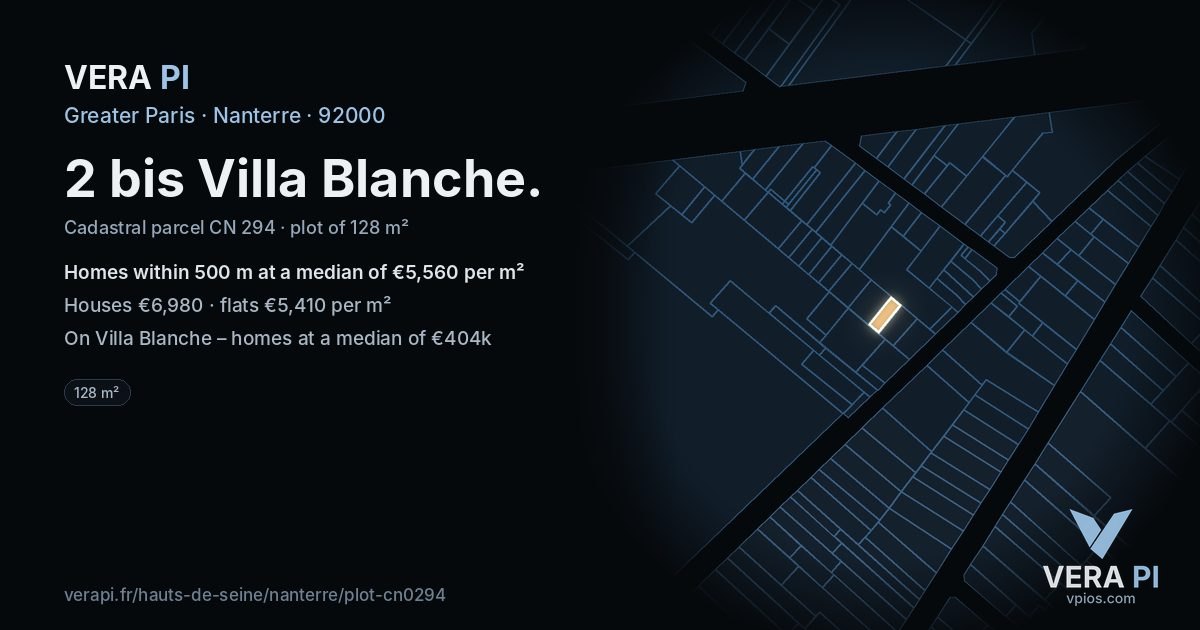 2 bis Villa Blanche, Nanterre at night – the plot lit, the parcels around coloured by the prices near them