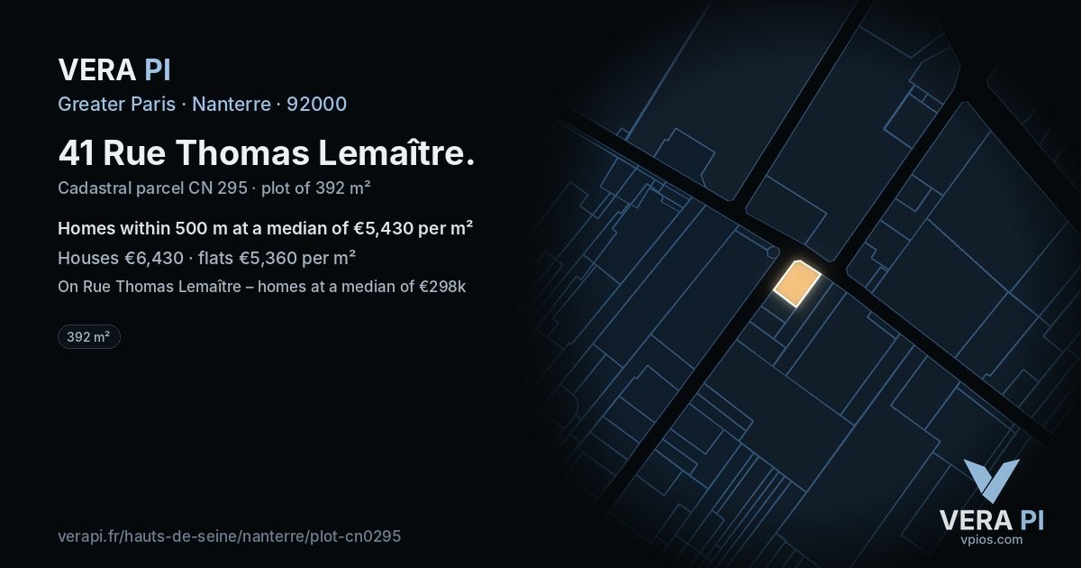 41 Rue Thomas Lemaître, Nanterre at night – the plot lit, the parcels around coloured by the prices near them