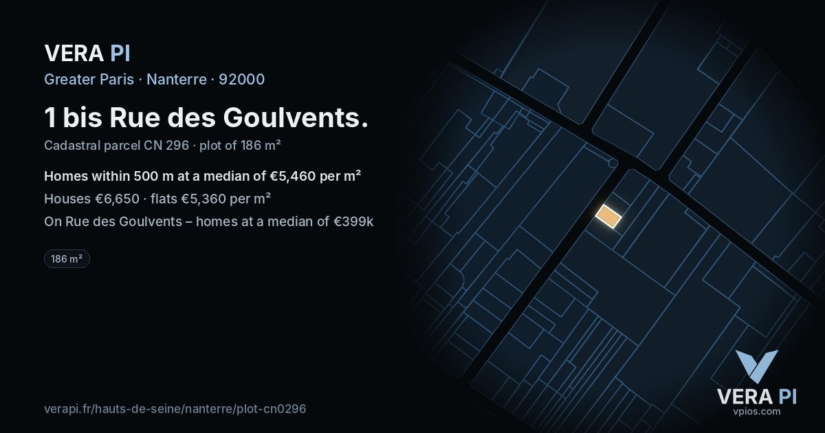 1 bis Rue des Goulvents, Nanterre at night – the plot lit, the parcels around coloured by the prices near them