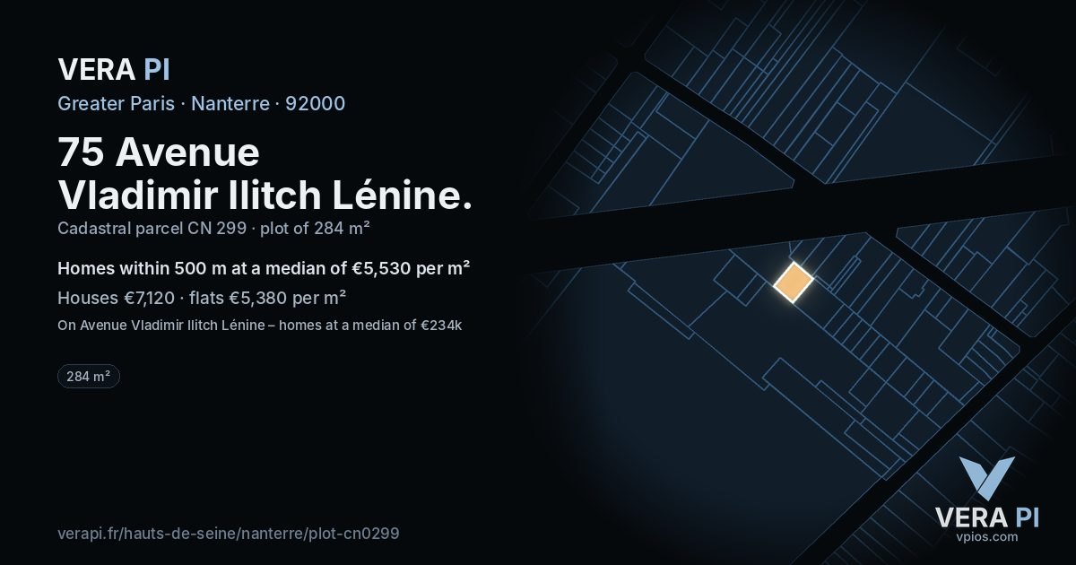 75 Avenue Vladimir Ilitch Lénine, Nanterre at night – the plot lit, the parcels around coloured by the prices near them