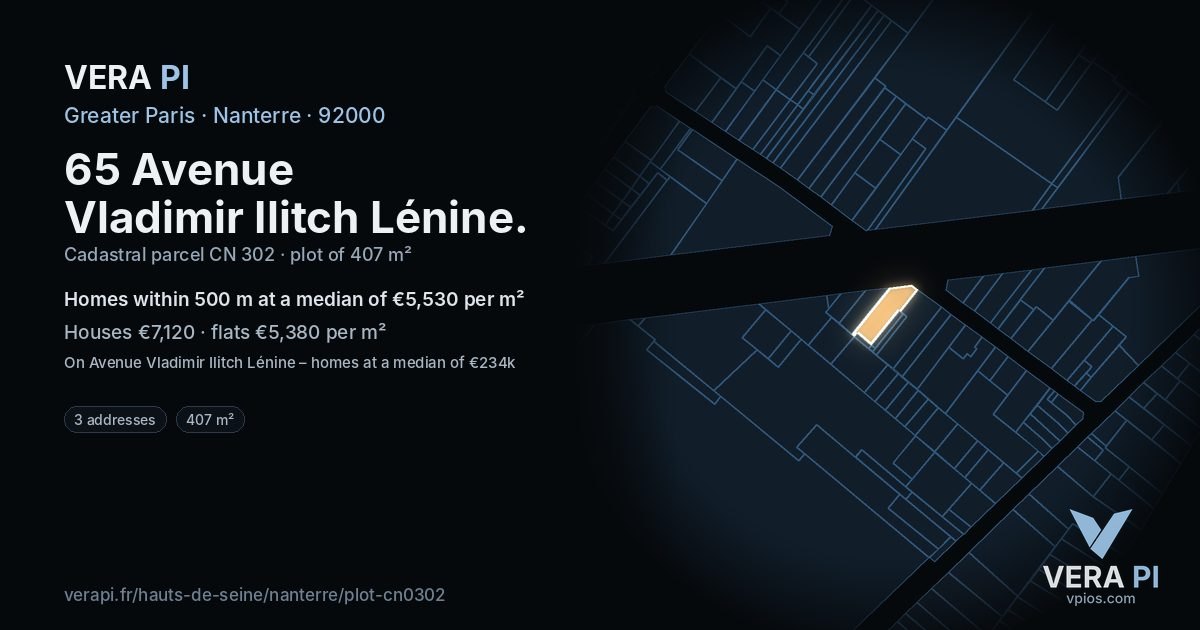 65 Avenue Vladimir Ilitch Lénine, Nanterre at night – the plot lit, the parcels around coloured by the prices near them