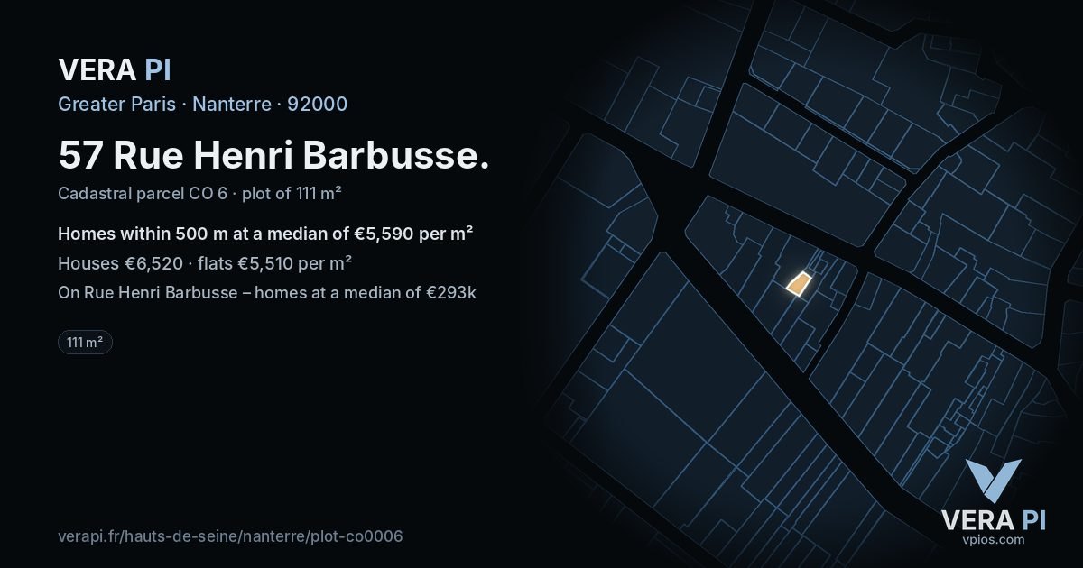 57 Rue Henri Barbusse, Nanterre at night – the plot lit, the parcels around coloured by the prices near them