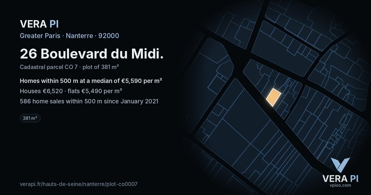 26 Boulevard du Midi, Nanterre at night – the plot lit, the parcels around coloured by the prices near them