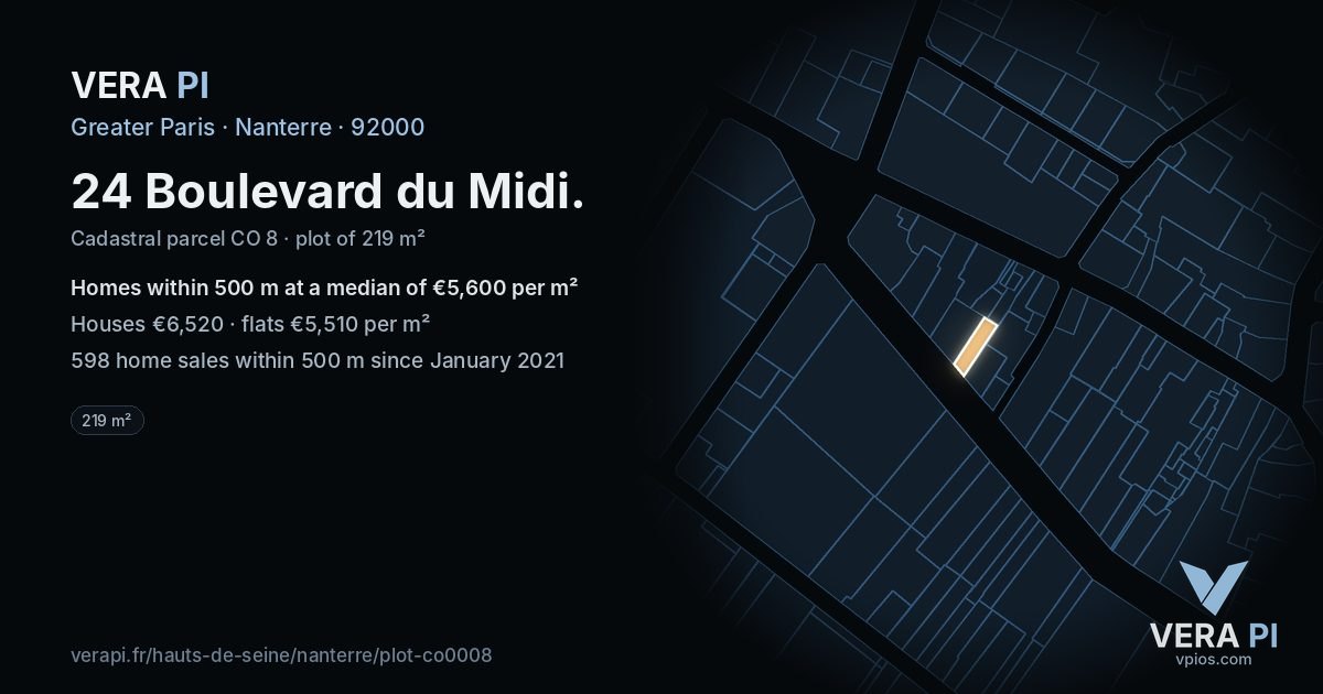 24 Boulevard du Midi, Nanterre at night – the plot lit, the parcels around coloured by the prices near them