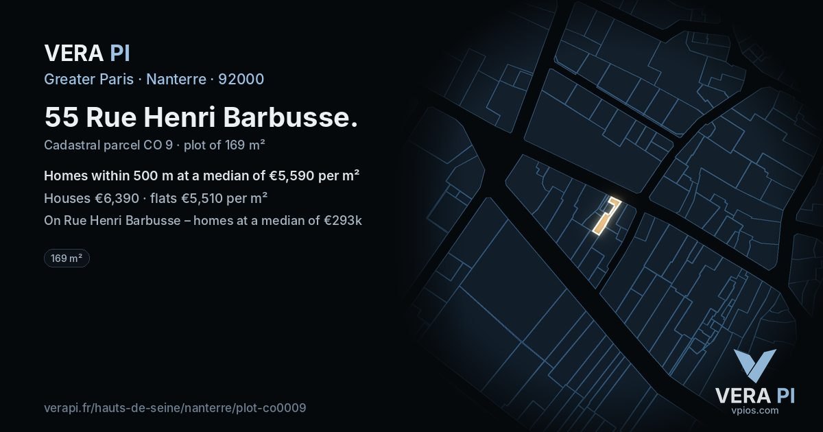 55 Rue Henri Barbusse, Nanterre at night – the plot lit, the parcels around coloured by the prices near them