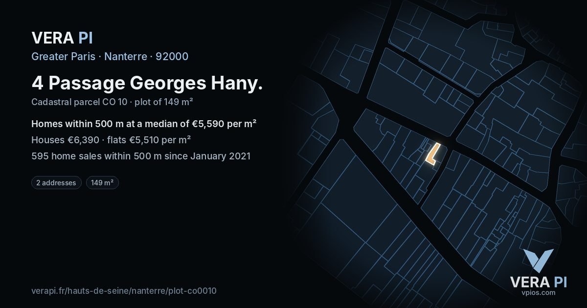 4 Passage Georges Hany, Nanterre at night – the plot lit, the parcels around coloured by the prices near them